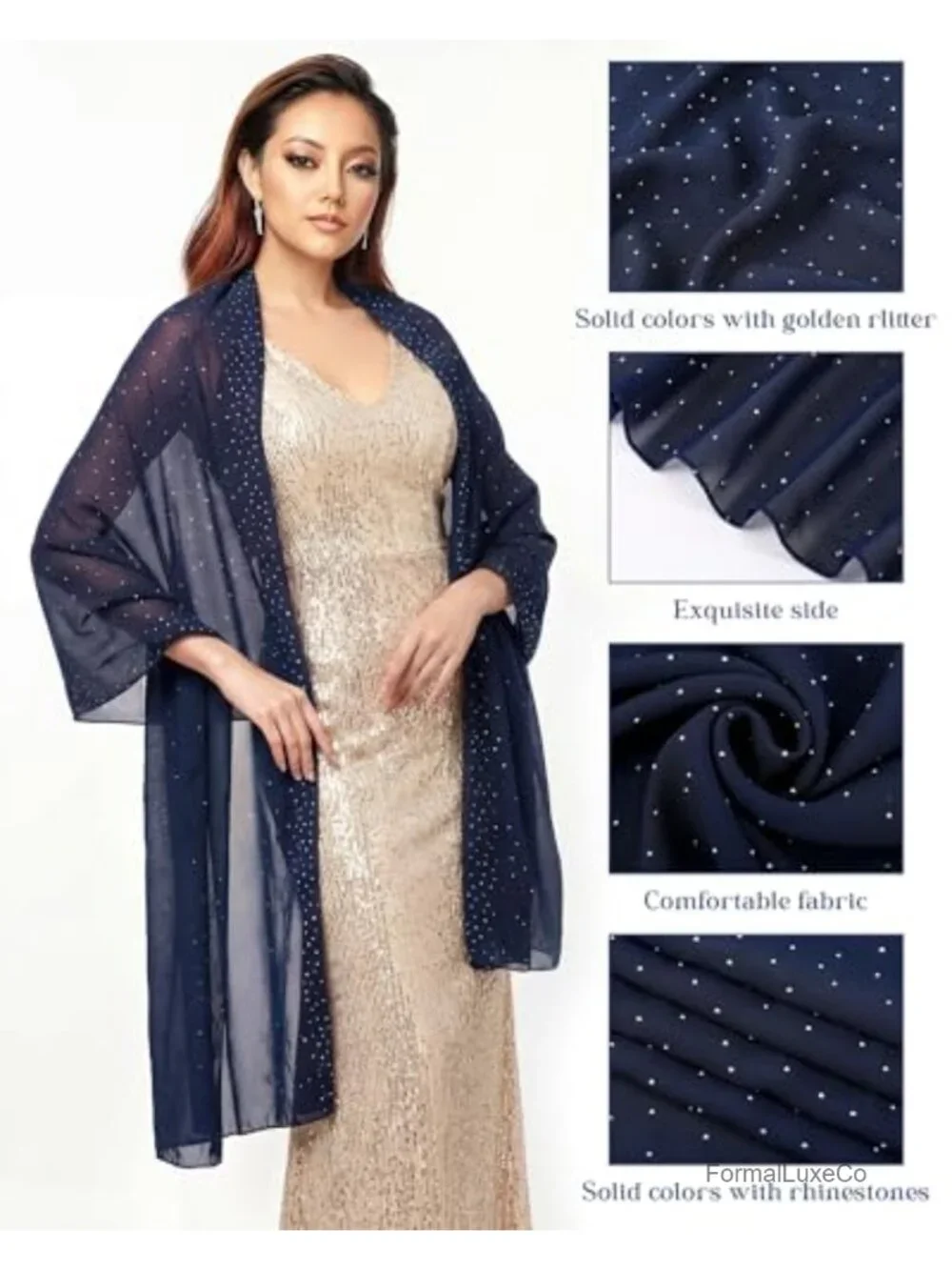 Sheer Chiffon Rhinestone Shawl Wrap for Evening Dress Bridal Scarf